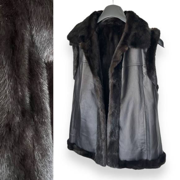 LIKE NEW Real Mink Fur Reversible Black Leather Vest - Picture 5 of 9